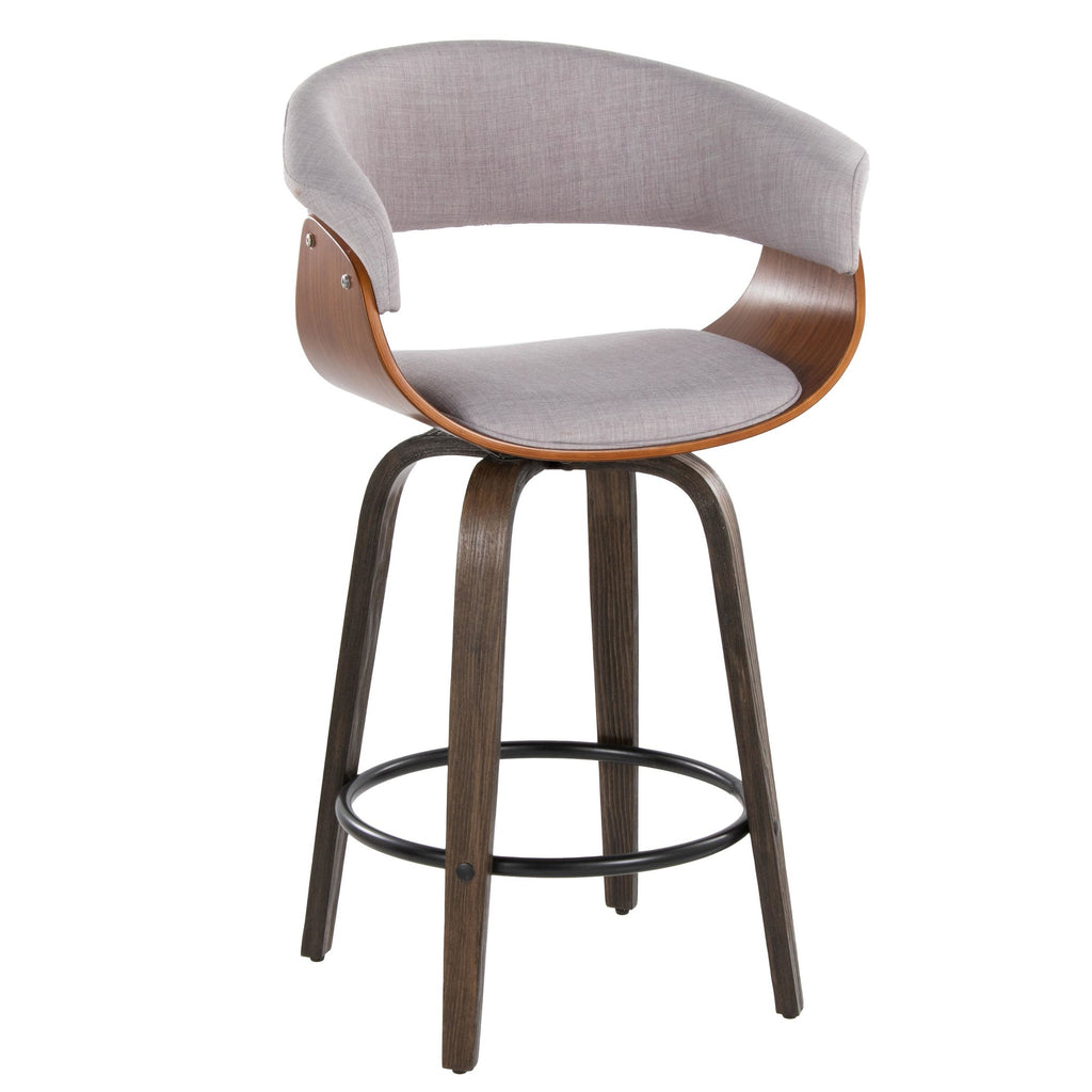 Vintage Mod 26" Fixed-Height Counter Stool - Set of 2 - Walnut Glazed Wood, Stone Fabric, Walnut Wood, Black Metal