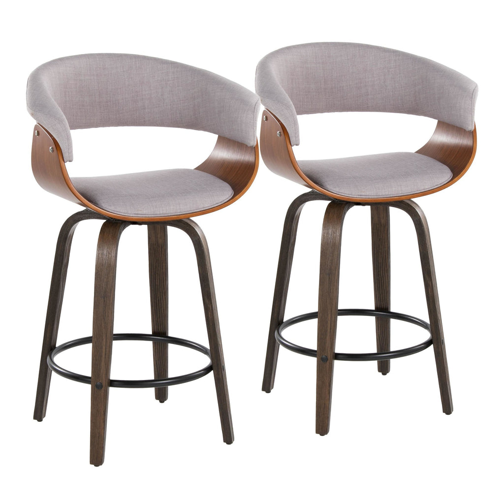 Vintage Mod 26" Fixed-Height Counter Stool - Set of 2 - Walnut Glazed Wood, Stone Fabric, Walnut Wood, Black Metal
