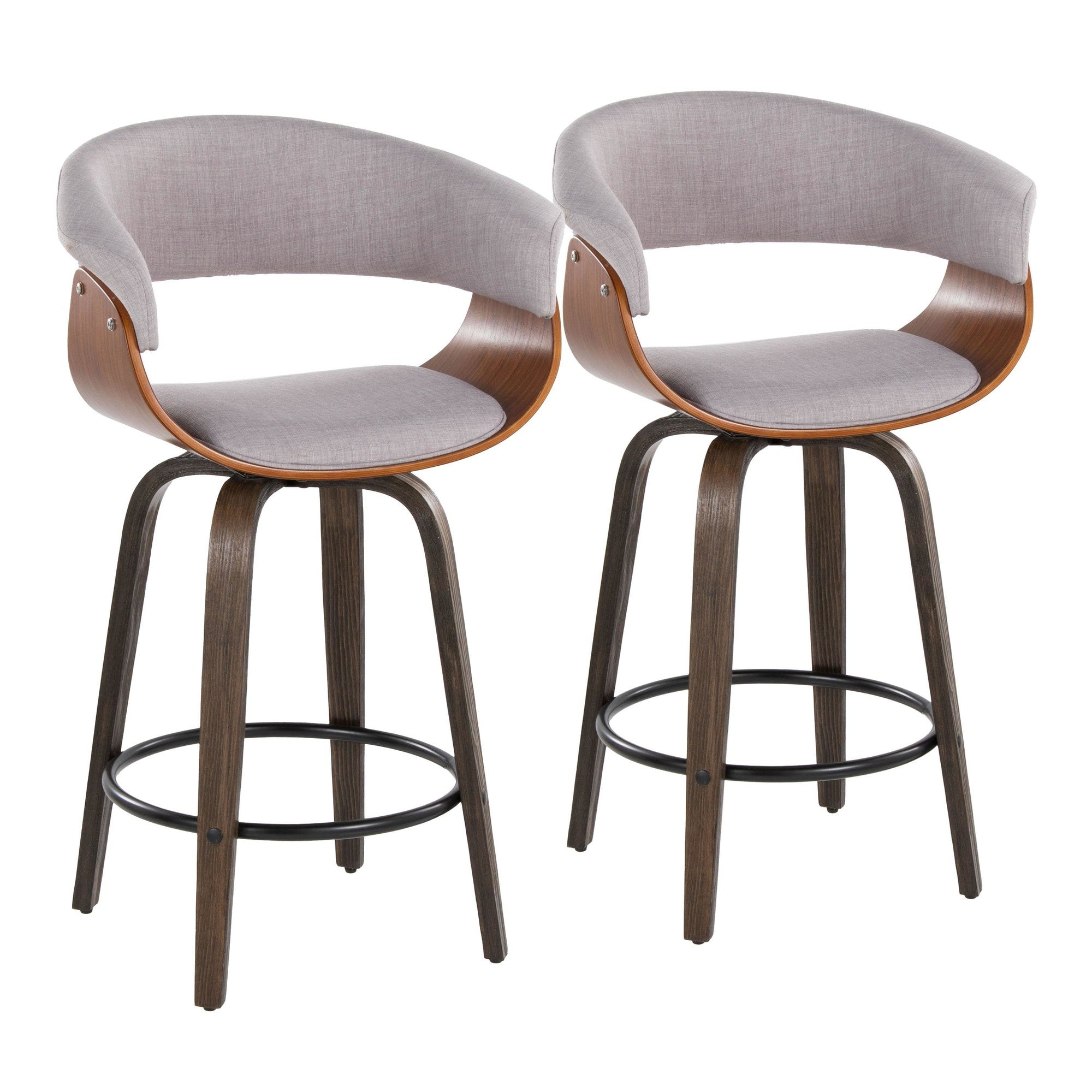 Vintage Mod 26" Fixed-Height Counter Stool - Set of 2 - Walnut Glazed Wood, Stone Fabric, Walnut Wood, Black Metal