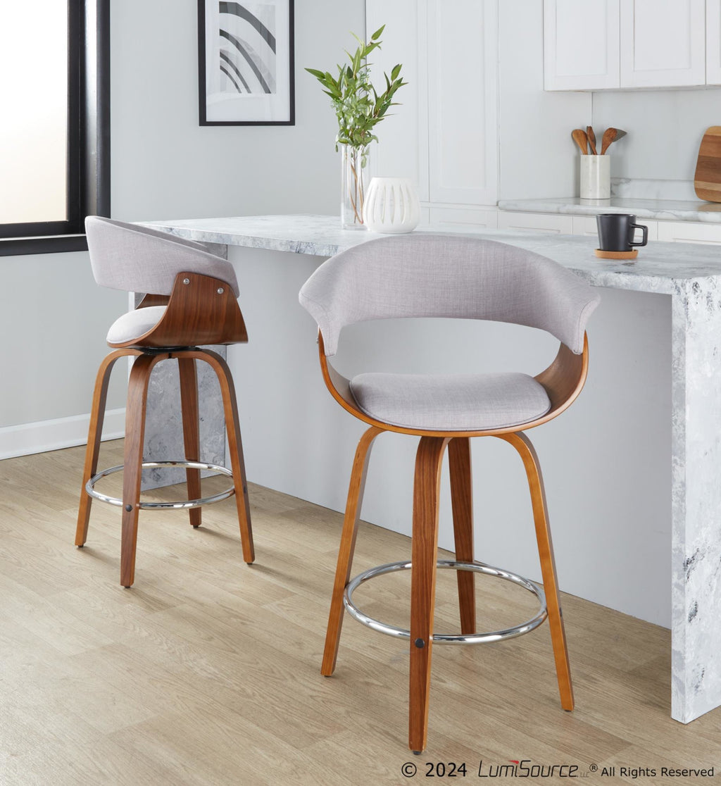 Vintage Mod 26" Fixed-Height Counter Stool - Set of 2 - Chrome Metal, Walnut Wood, Stone Fabric