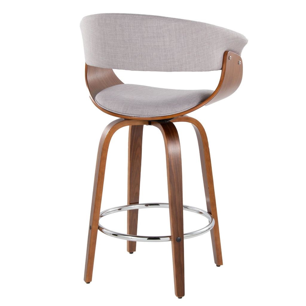 Vintage Mod 26" Fixed-Height Counter Stool - Set of 2 - Chrome Metal, Walnut Wood, Stone Fabric