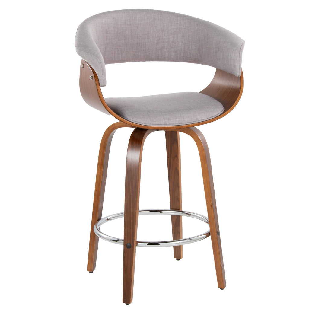Vintage Mod 26" Fixed-Height Counter Stool - Set of 2 - Chrome Metal, Walnut Wood, Stone Fabric