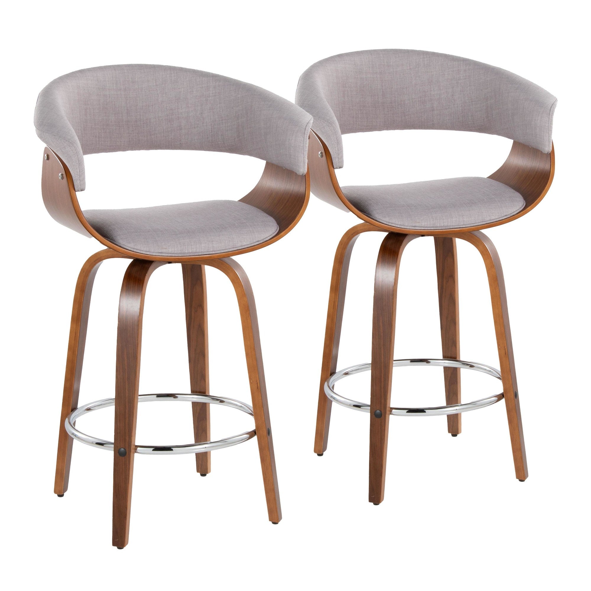 Vintage Mod 26" Fixed-Height Counter Stool - Set of 2 - Chrome Metal, Walnut Wood, Stone Fabric