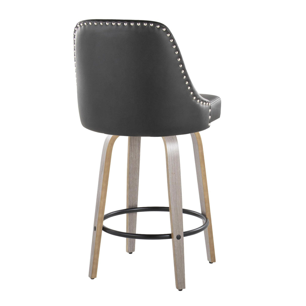 Studded Marcel 26" Fixed-Height Counter Stool - Set of 2 - Light Grey Wood, Black PU, Chrome Metal, Black Metal;
