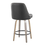 Studded Marcel 26" Fixed-Height Counter Stool - Set of 2 - Light Grey Wood, Black PU, Chrome Metal, Black Metal;