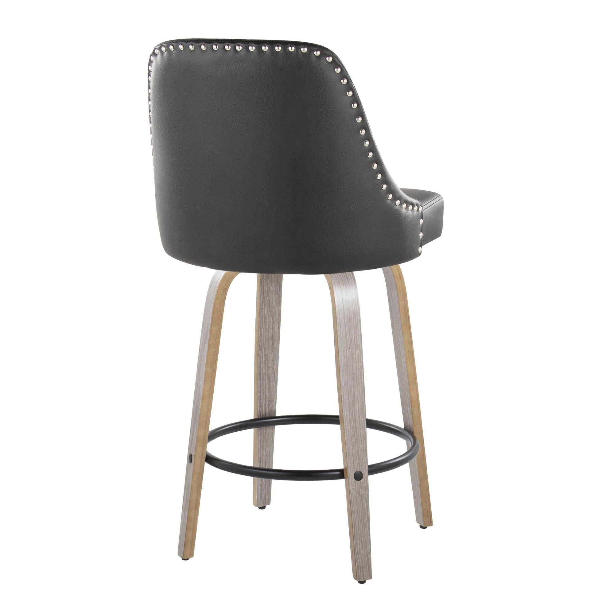 Studded Marcel 26" Fixed-Height Counter Stool - Set of 2 - Light Grey Wood, Black PU, Chrome Metal, Black Metal;