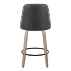 Studded Marcel 26" Fixed-Height Counter Stool - Set of 2 - Light Grey Wood, Black PU, Chrome Metal, Black Metal;