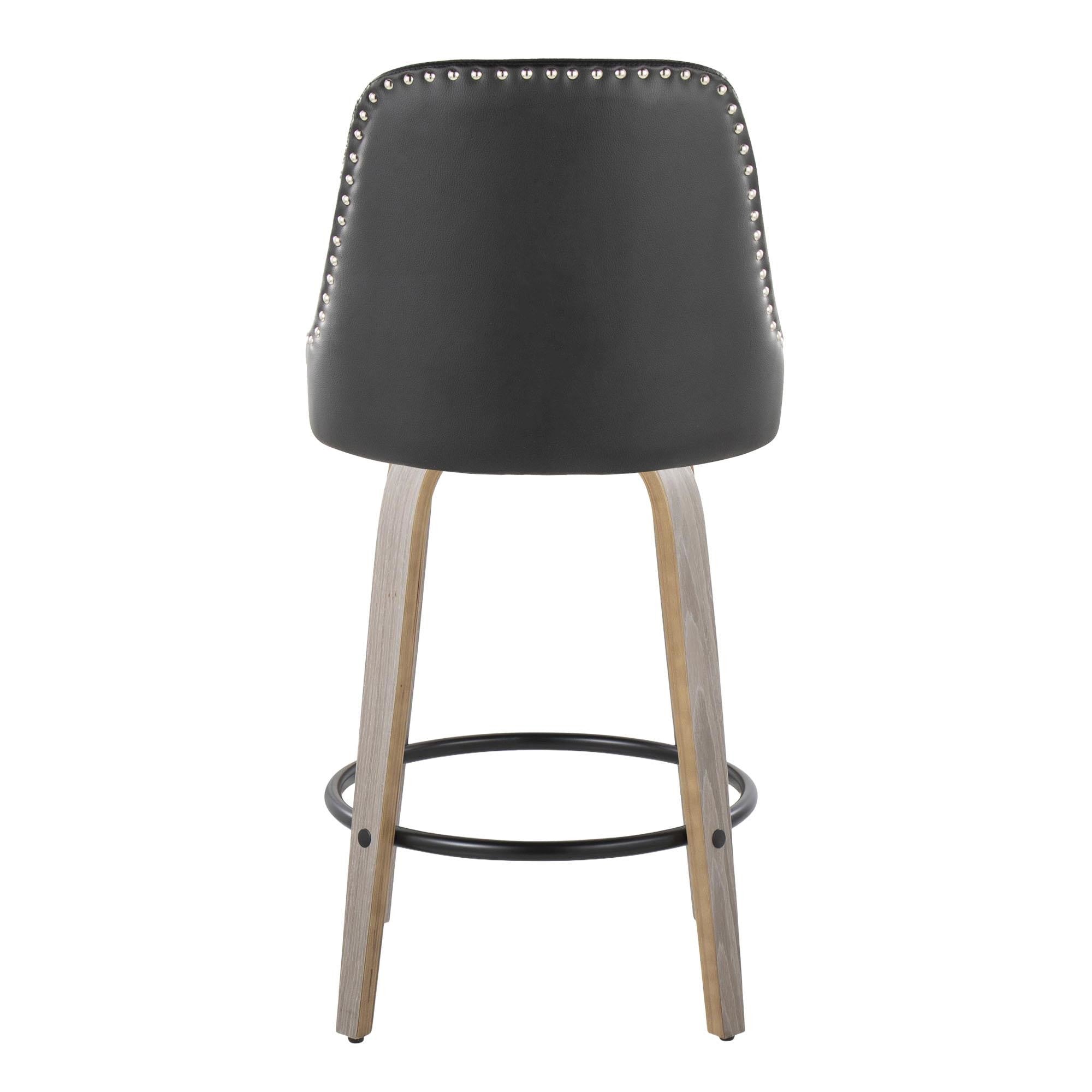 Studded Marcel 26" Fixed-Height Counter Stool - Set of 2 - Light Grey Wood, Black PU, Chrome Metal, Black Metal;