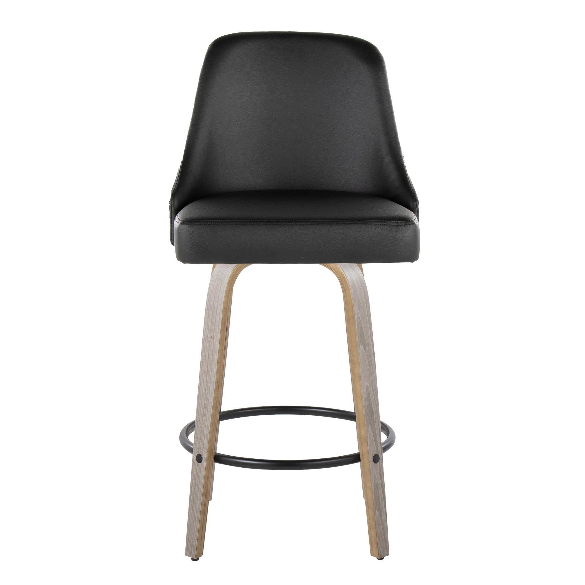 Studded Marcel 26" Fixed-Height Counter Stool - Set of 2 - Light Grey Wood, Black PU, Chrome Metal, Black Metal;