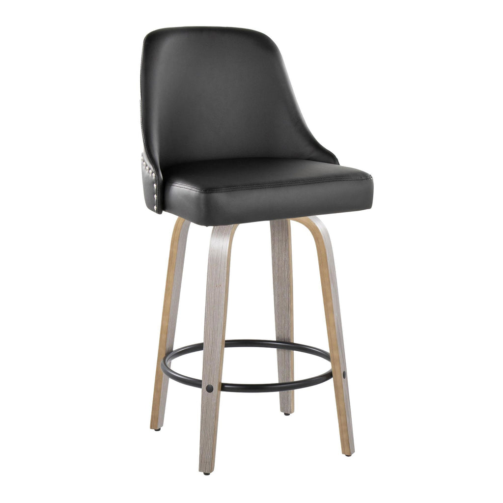 Studded Marcel 26" Fixed-Height Counter Stool - Set of 2 - Light Grey Wood, Black PU, Chrome Metal, Black Metal;