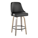 Studded Marcel 26" Fixed-Height Counter Stool - Set of 2 - Light Grey Wood, Black PU, Chrome Metal, Black Metal;