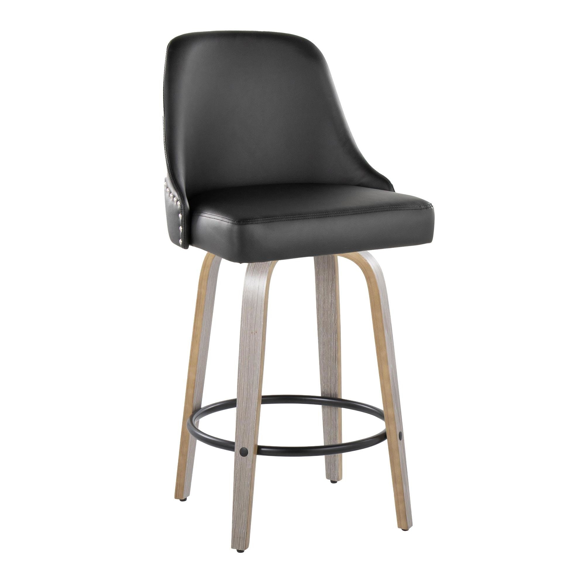 Studded Marcel 26" Fixed-Height Counter Stool - Set of 2 - Light Grey Wood, Black PU, Chrome Metal, Black Metal;