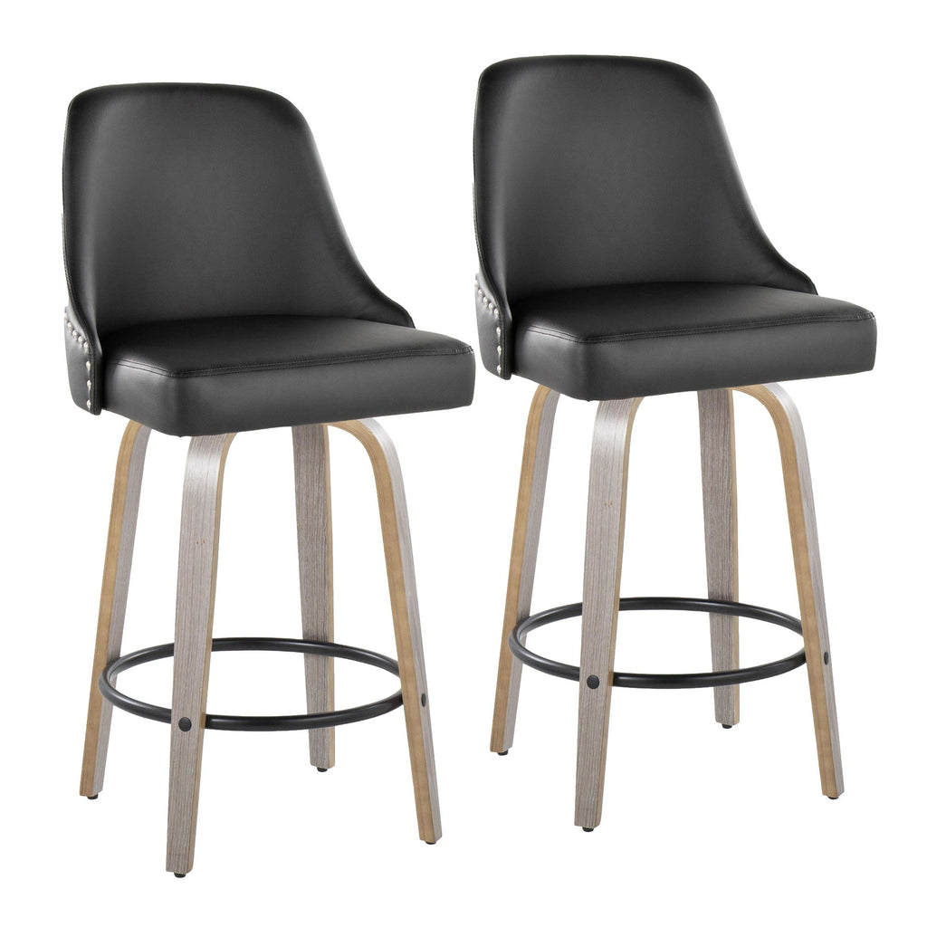 Studded Marcel 26" Fixed-Height Counter Stool - Set of 2 - Light Grey Wood, Black PU, Chrome Metal, Black Metal;
