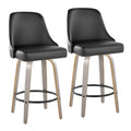 Studded Marcel 26" Fixed-Height Counter Stool - Set of 2 - Light Grey Wood, Black PU, Chrome Metal, Black Metal;