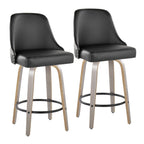 Studded Marcel 26" Fixed-Height Counter Stool - Set of 2 - Light Grey Wood, Black PU, Chrome Metal, Black Metal;