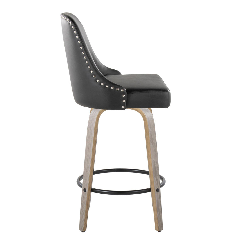 Studded Marcel 26" Fixed-Height Counter Stool - Set of 2 - Light Grey Wood, Black PU, Chrome Metal, Black Metal;