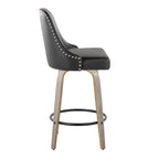 Studded Marcel 26" Fixed-Height Counter Stool - Set of 2 - Light Grey Wood, Black PU, Chrome Metal, Black Metal;