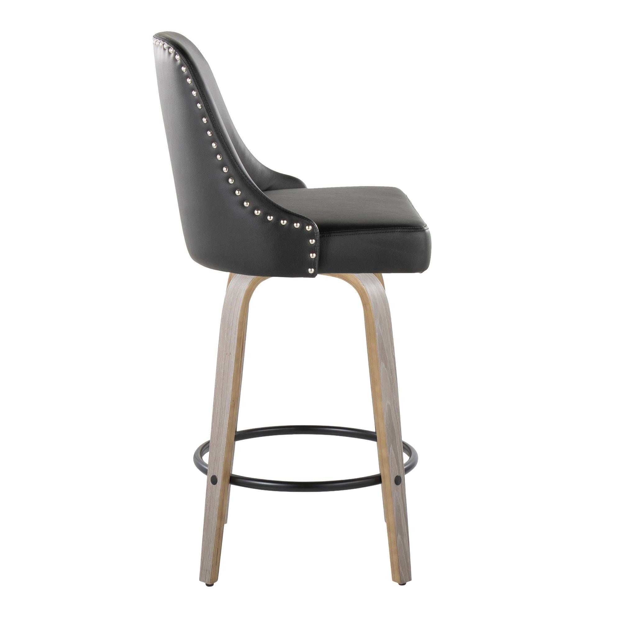 Studded Marcel 26" Fixed-Height Counter Stool - Set of 2 - Light Grey Wood, Black PU, Chrome Metal, Black Metal;