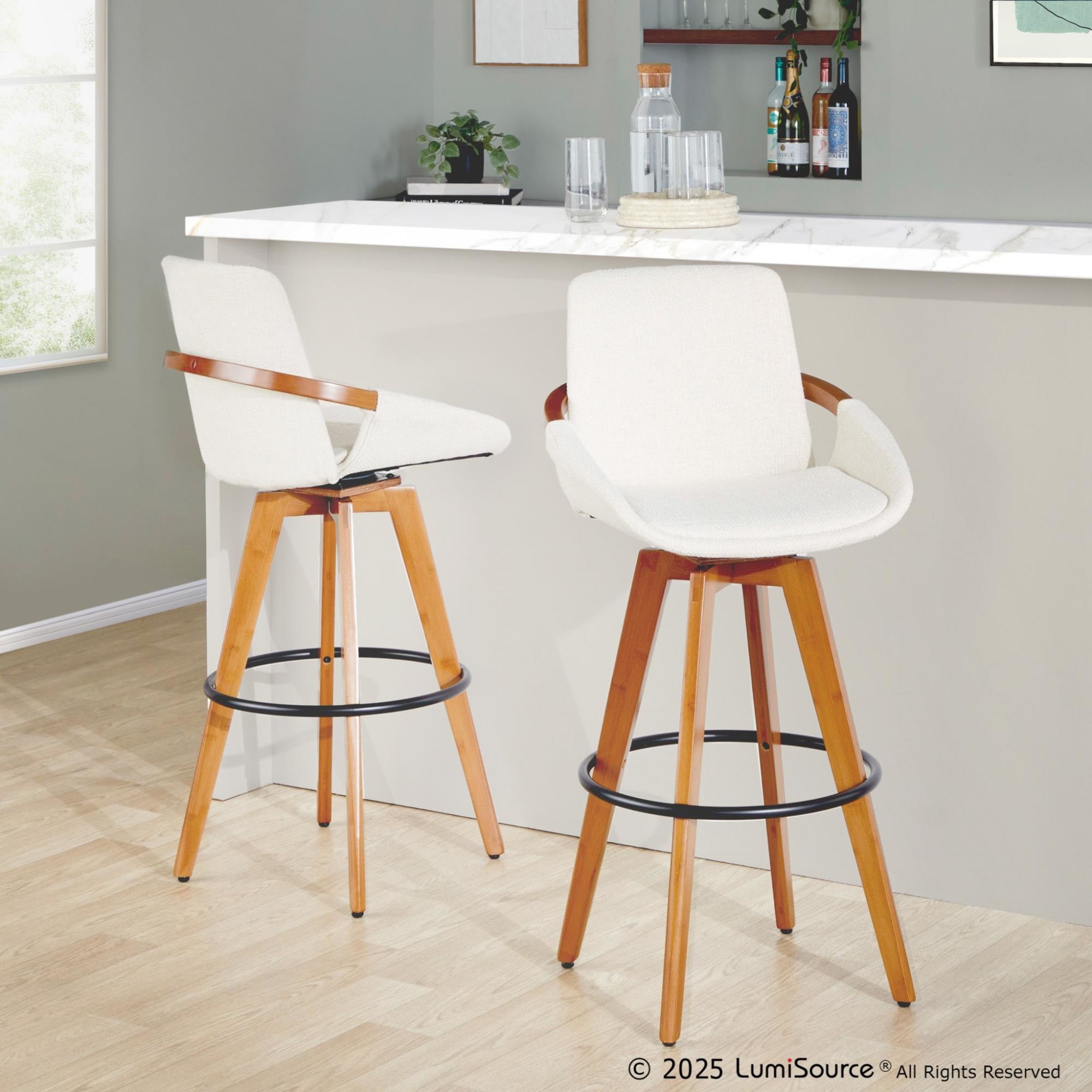 Cosmo 29" Fixed-Height Barstool - Walnut Bamboo, Cream Noise Fabric, Black Metal