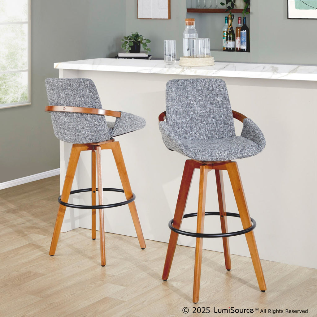 Cosmo 29" Fixed-Height Barstool - Walnut Bamboo, Grey Noise Fabric, Black Metal