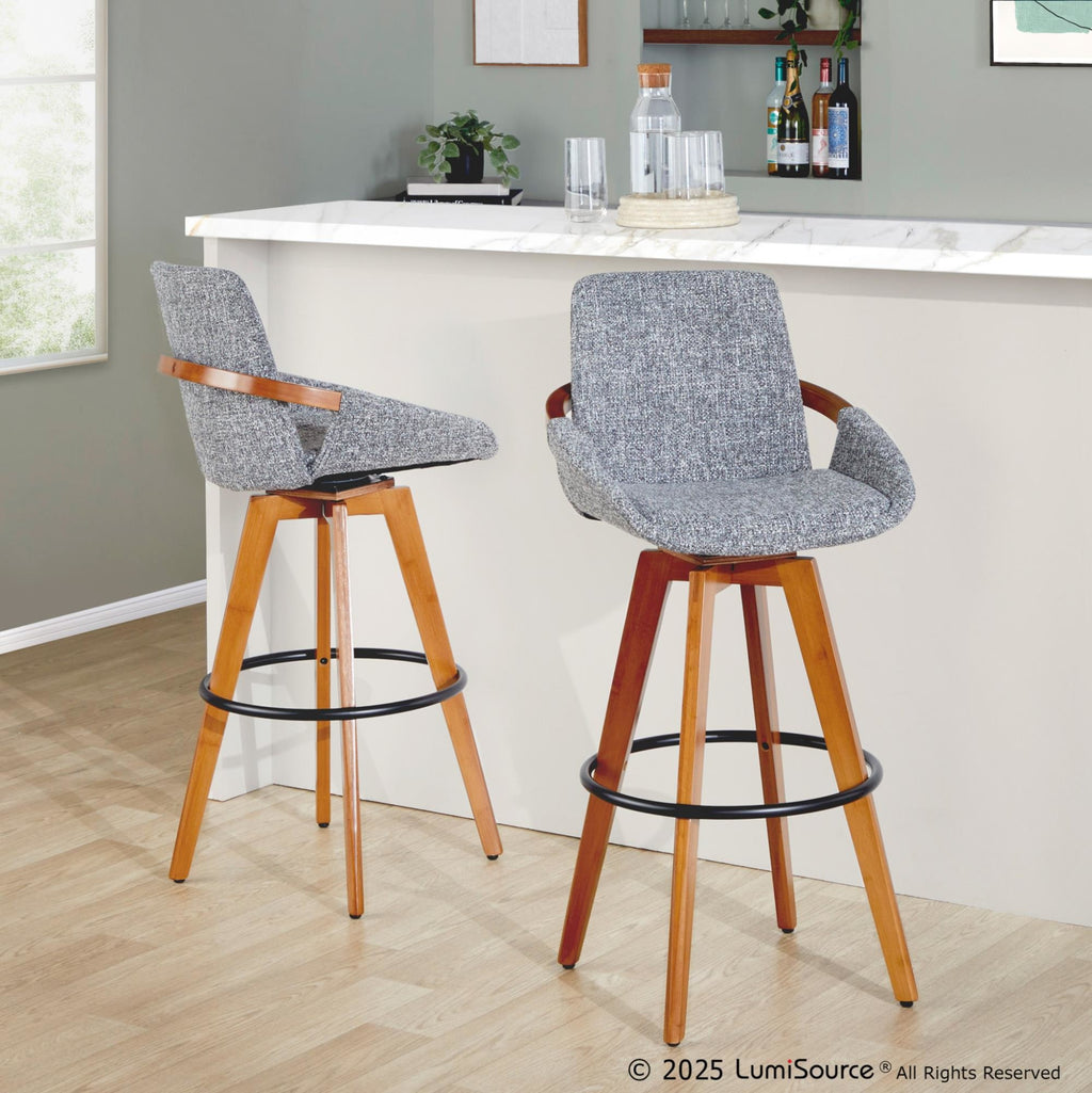 Cosmo 29" Fixed-Height Barstool - Walnut Bamboo, Grey Noise Fabric, Black Metal