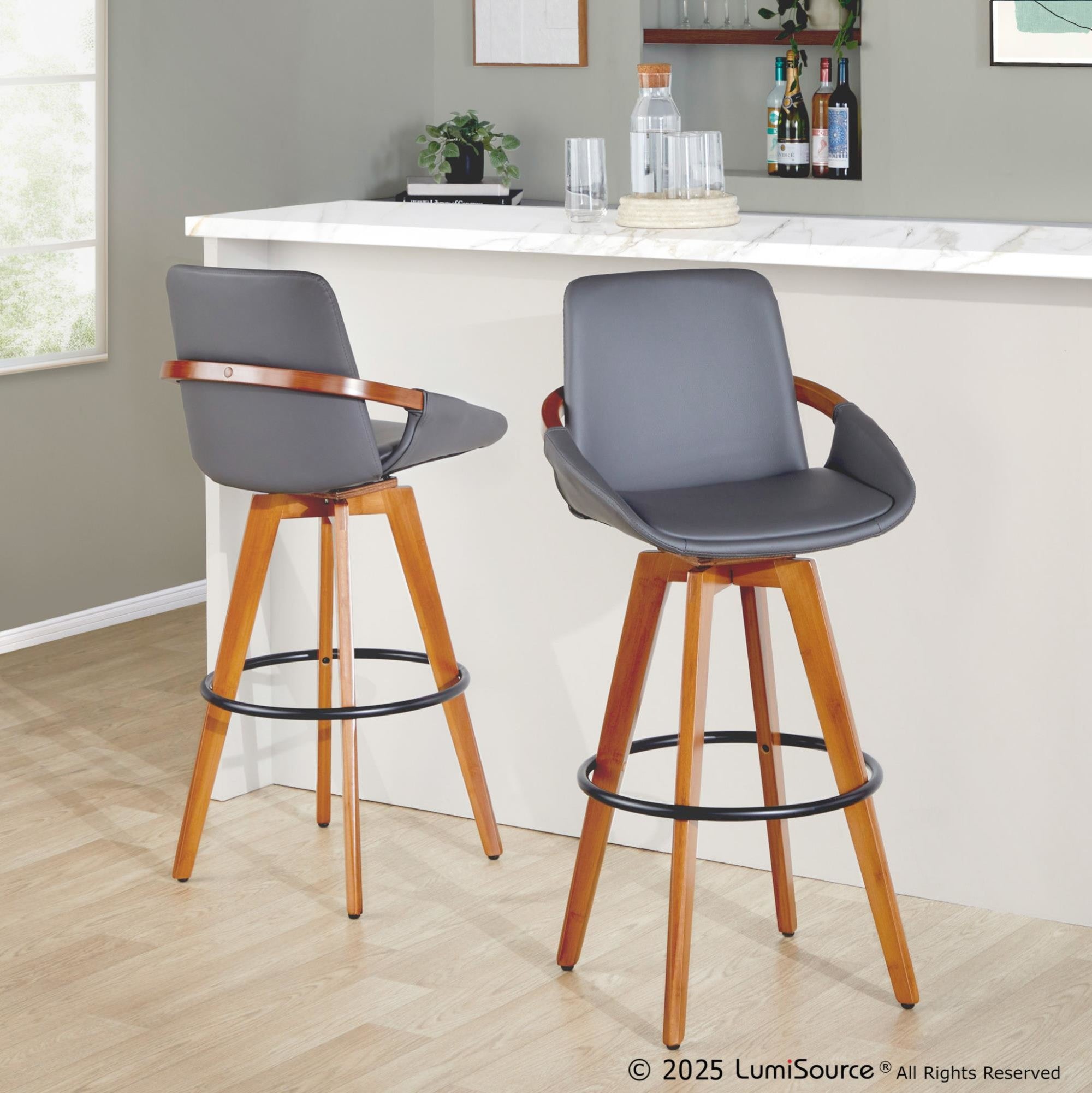 Cosmo 29" Fixed-Height Barstool - Walnut Bamboo, Grey PU, Black Metal