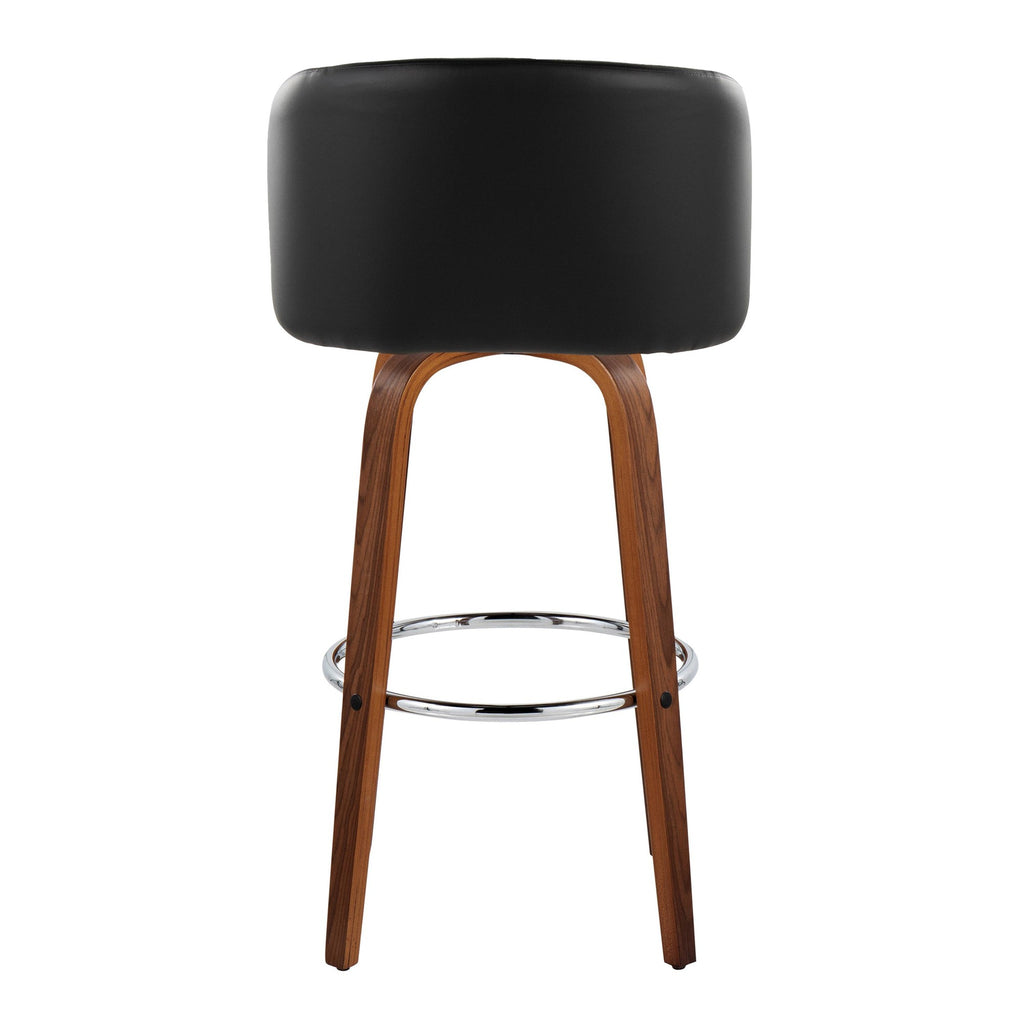Fran 29" Fixed-Height Barstool - Set of 2 - Walnut Wood, Black PU, Chrome Metal