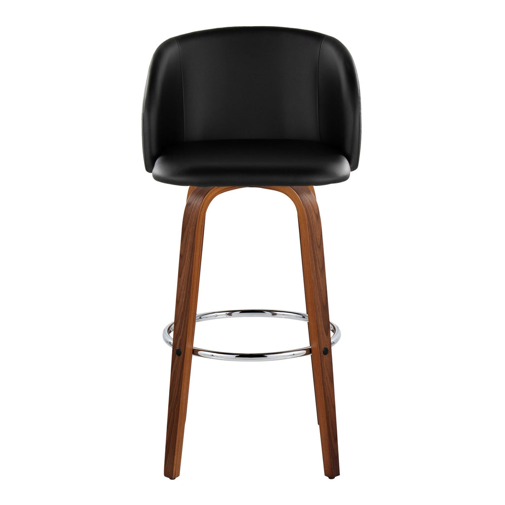 Fran 29" Fixed-Height Barstool - Set of 2 - Walnut Wood, Black PU, Chrome Metal