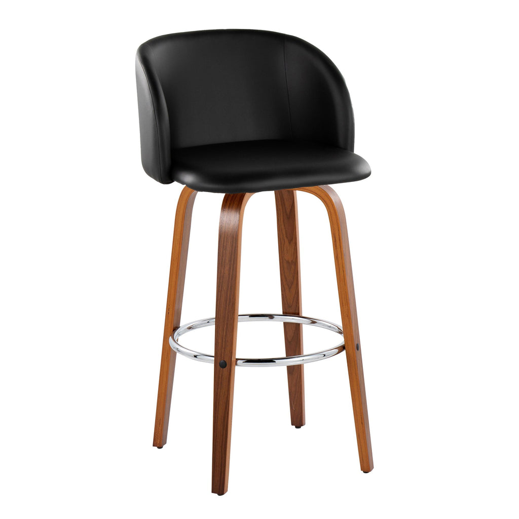 Fran 29" Fixed-Height Barstool - Set of 2 - Walnut Wood, Black PU, Chrome Metal