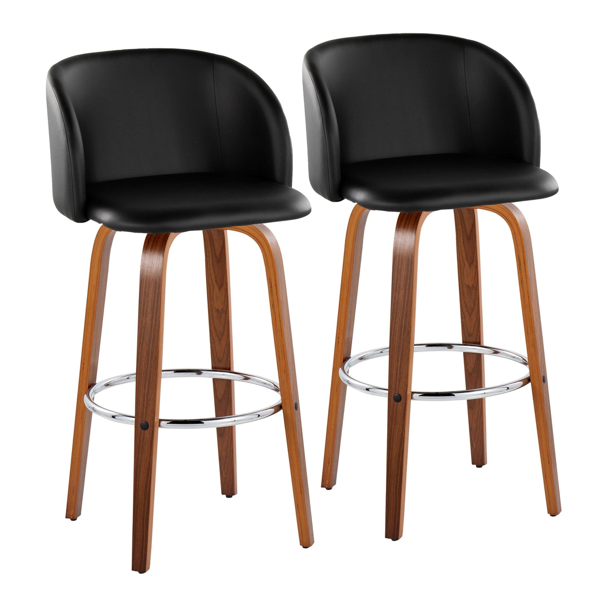 Fran 29" Fixed-Height Barstool - Set of 2 - Walnut Wood, Black PU, Chrome Metal
