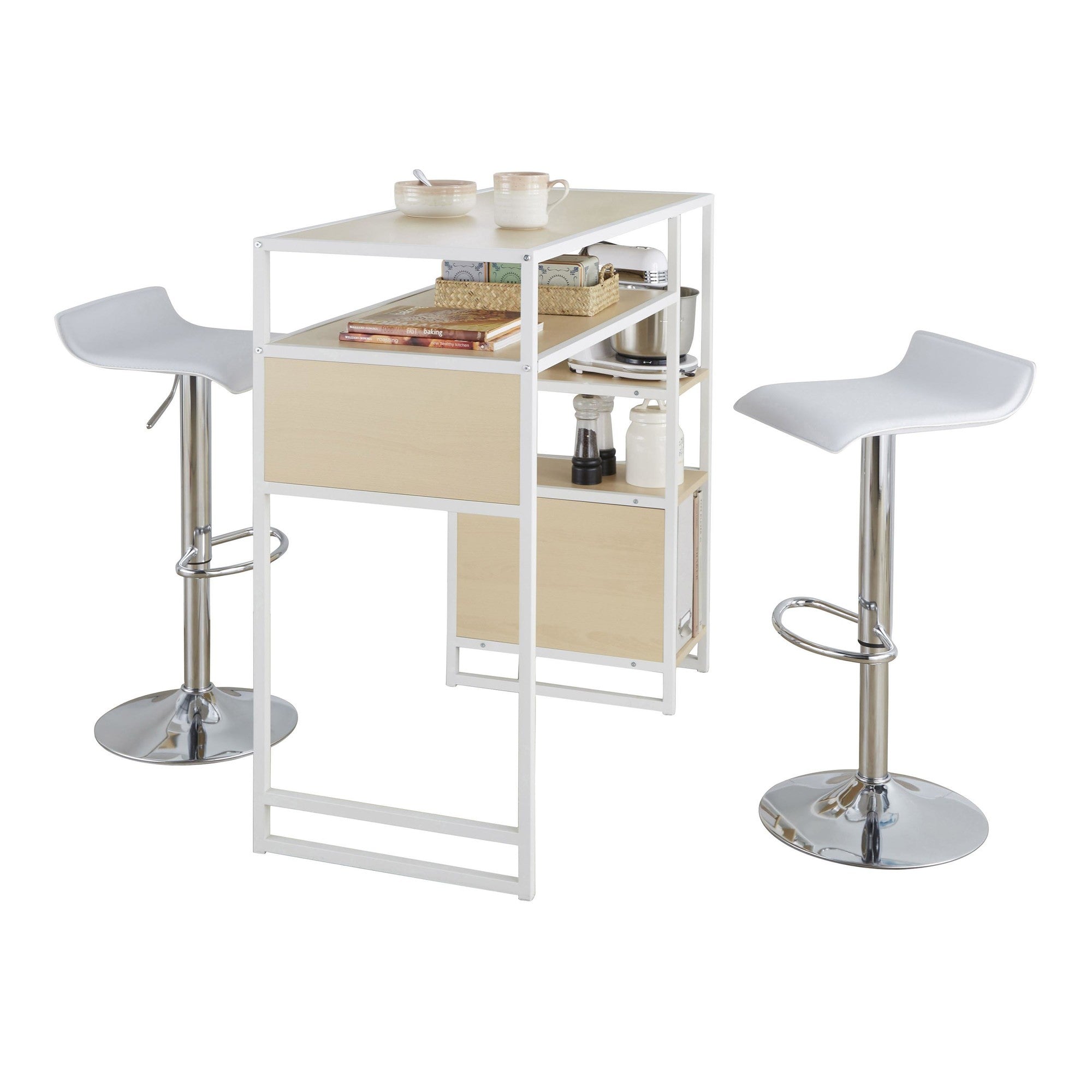 Display-ale Bar Set With Storage - 3 Piece - White Metal, Natural Wood, White Pvc, Chrome Metal