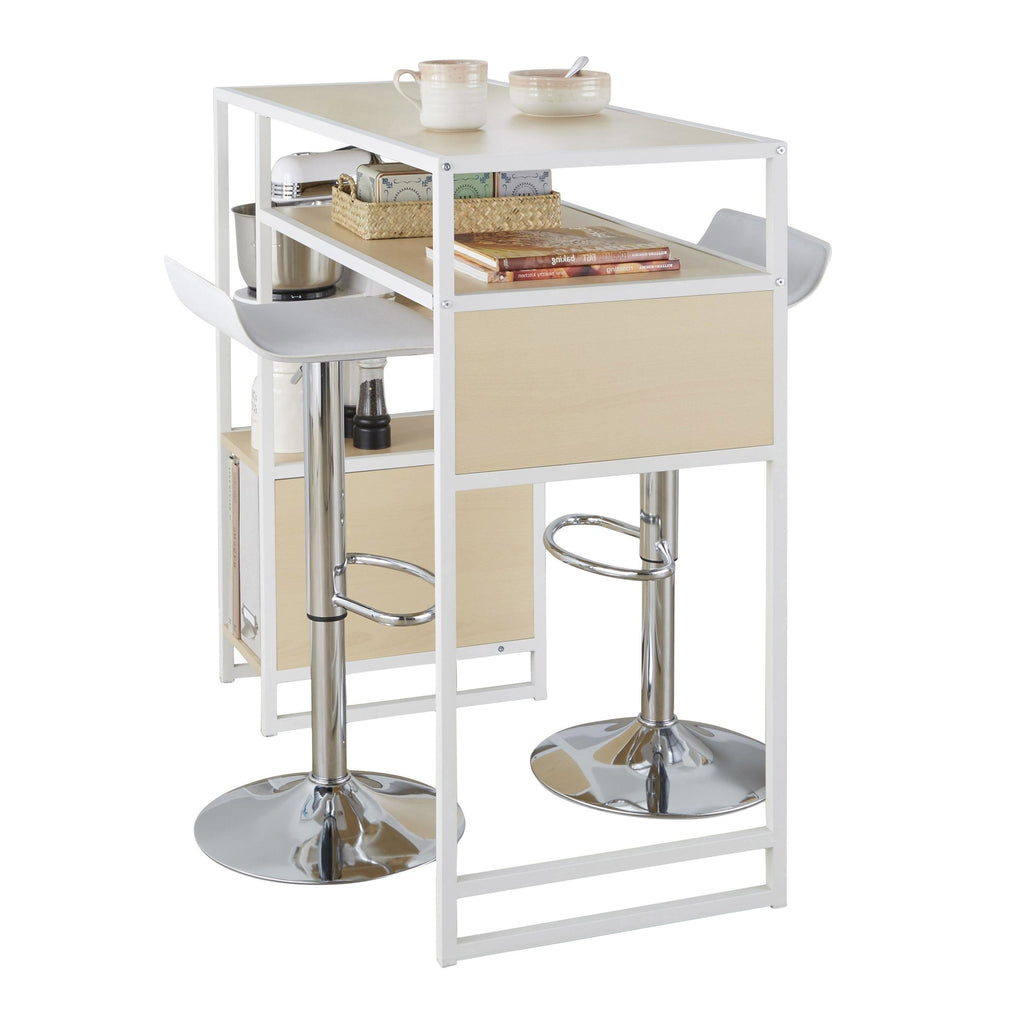 Display-ale Bar Set With Storage - 3 Piece - White Metal, Natural Wood, White Pvc, Chrome Metal