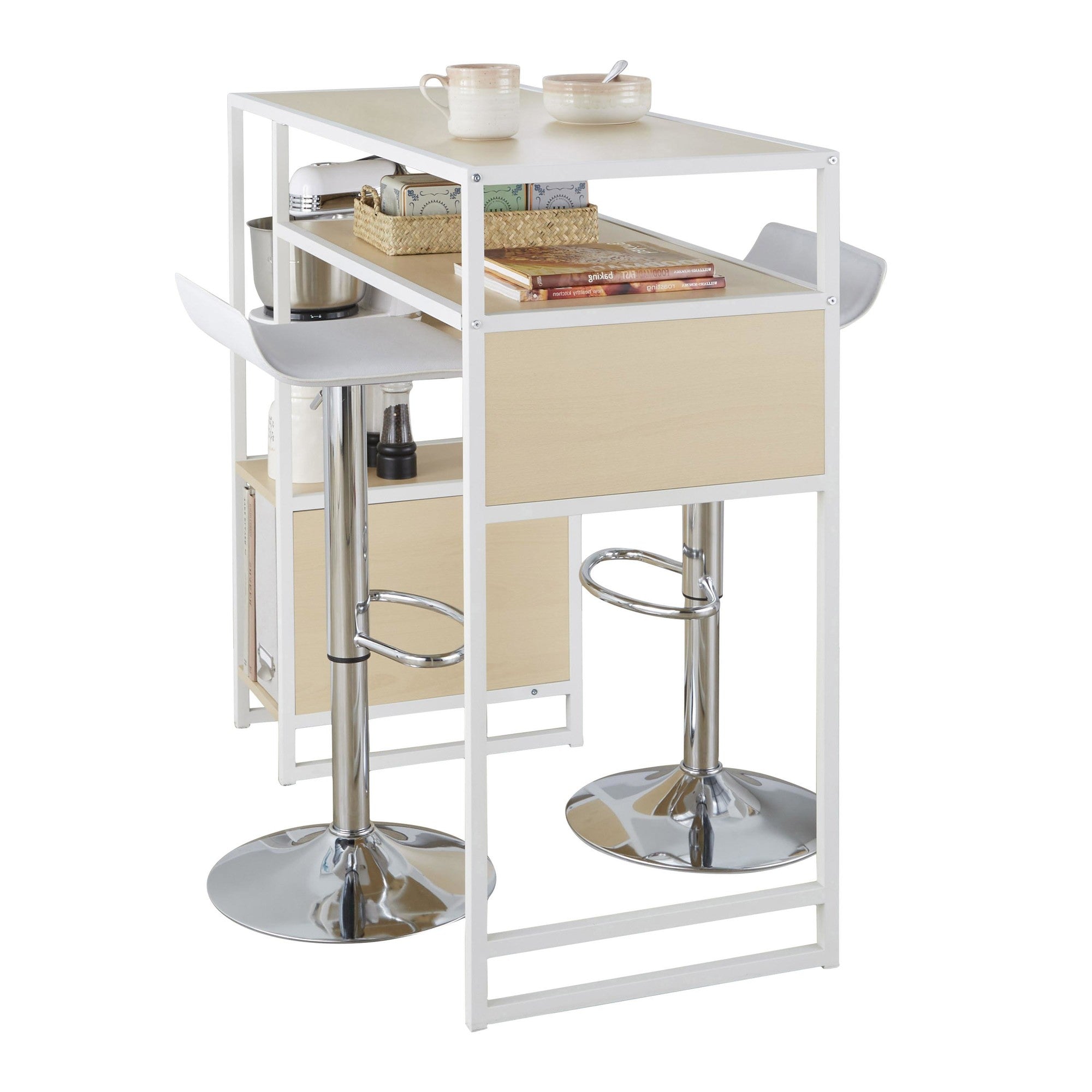 Display-ale Bar Set With Storage - 3 Piece - White Metal, Natural Wood, White Pvc, Chrome Metal