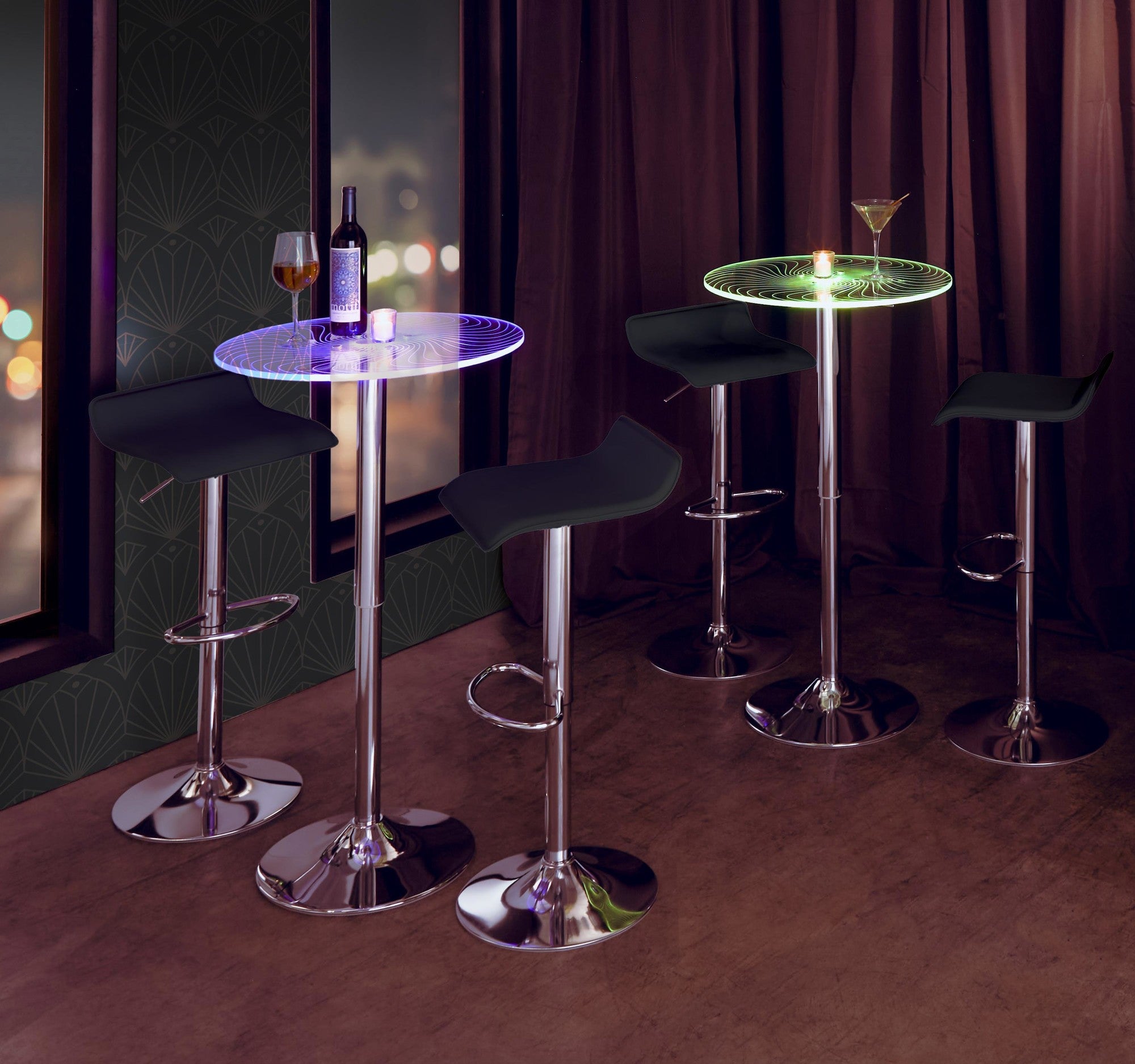 Spyra-ale Bar Set - 3 Piece - Chrome Metal, Clear Acrylic, Black Pvc