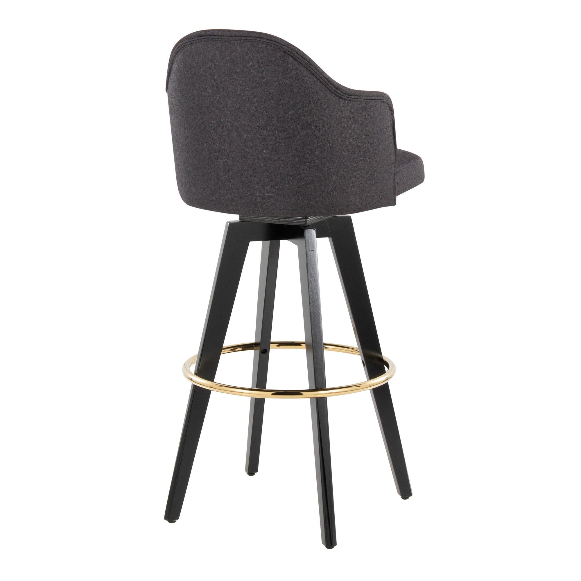 Ahoy Upholstered 30" Fixed-Height Barstool - Set of 2 - Black Wood, Charcoal Fabric, Gold Metal