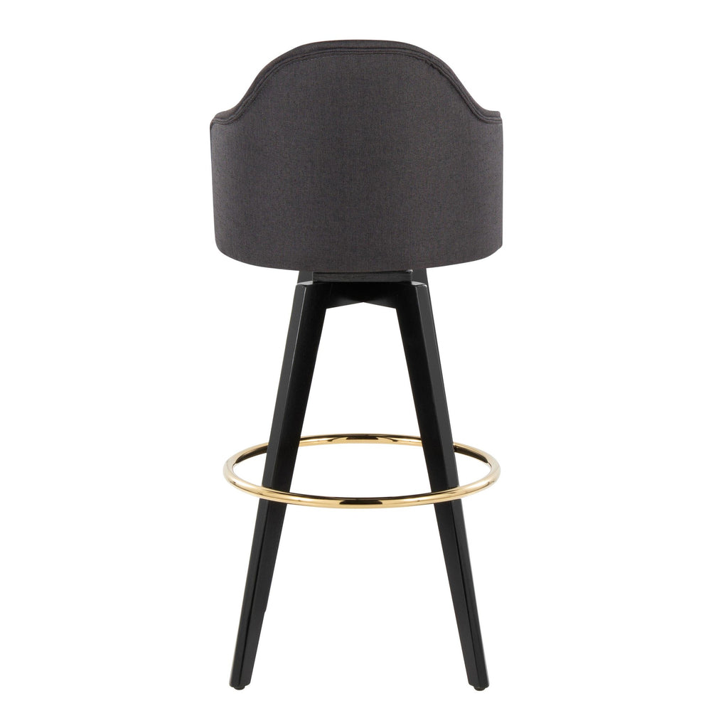 Ahoy Upholstered 30" Fixed-Height Barstool - Set of 2 - Black Wood, Charcoal Fabric, Gold Metal