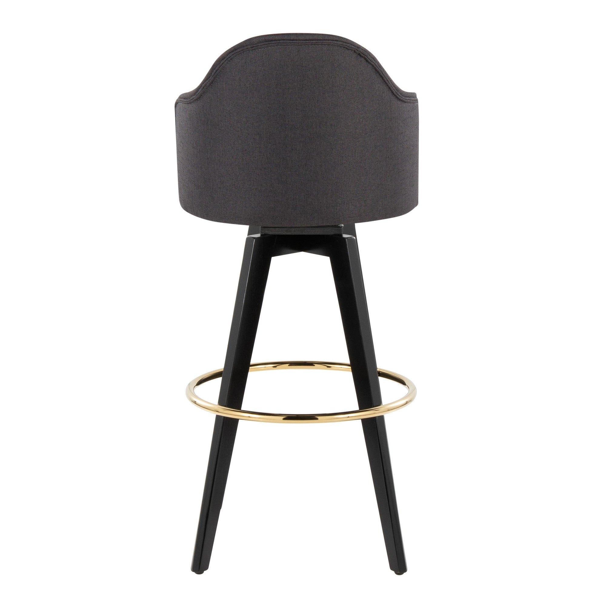 Ahoy Upholstered 30" Fixed-Height Barstool - Set of 2 - Black Wood, Charcoal Fabric, Gold Metal