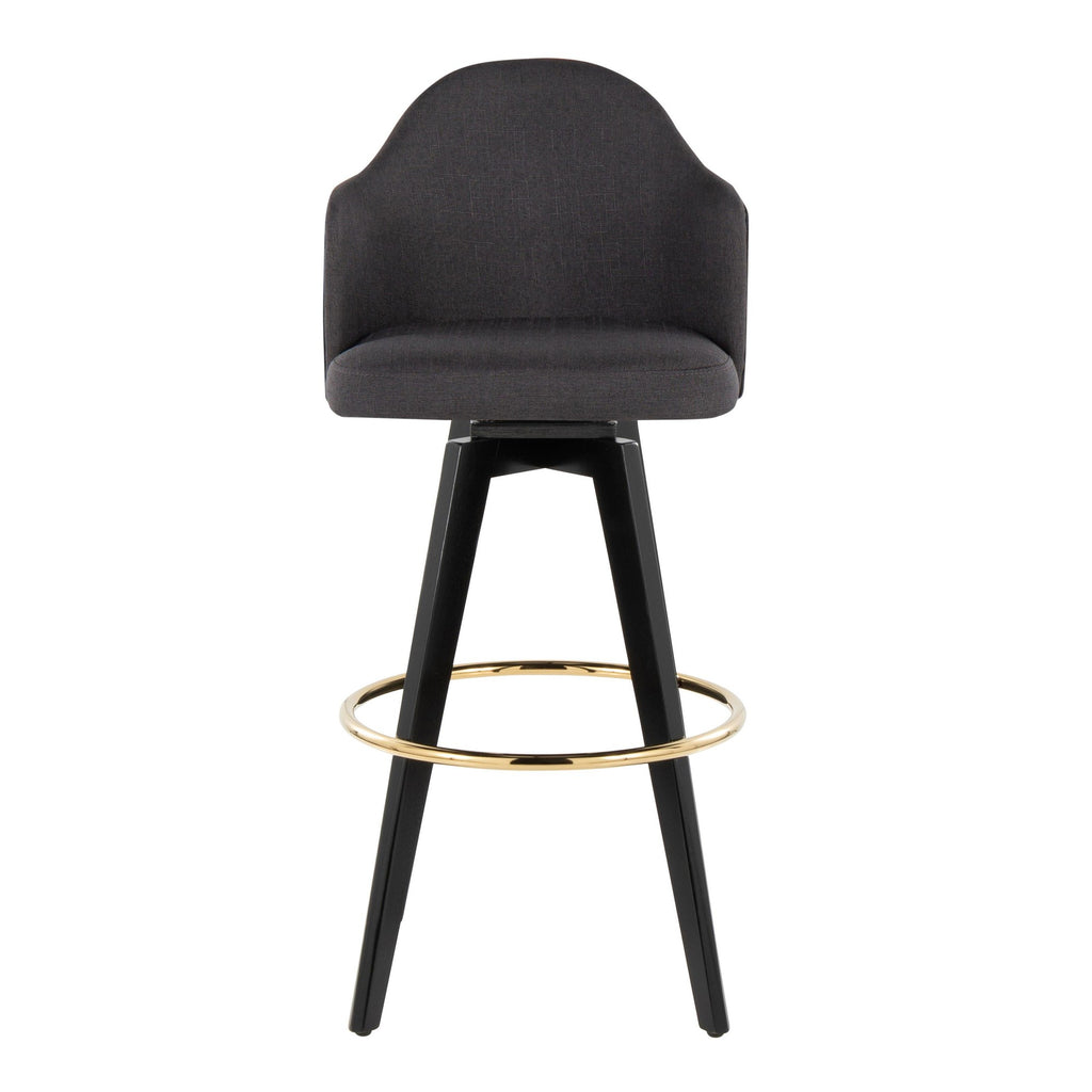 Ahoy Upholstered 30" Fixed-Height Barstool - Set of 2 - Black Wood, Charcoal Fabric, Gold Metal