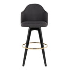Ahoy Upholstered 30" Fixed-Height Barstool - Set of 2 - Black Wood, Charcoal Fabric, Gold Metal