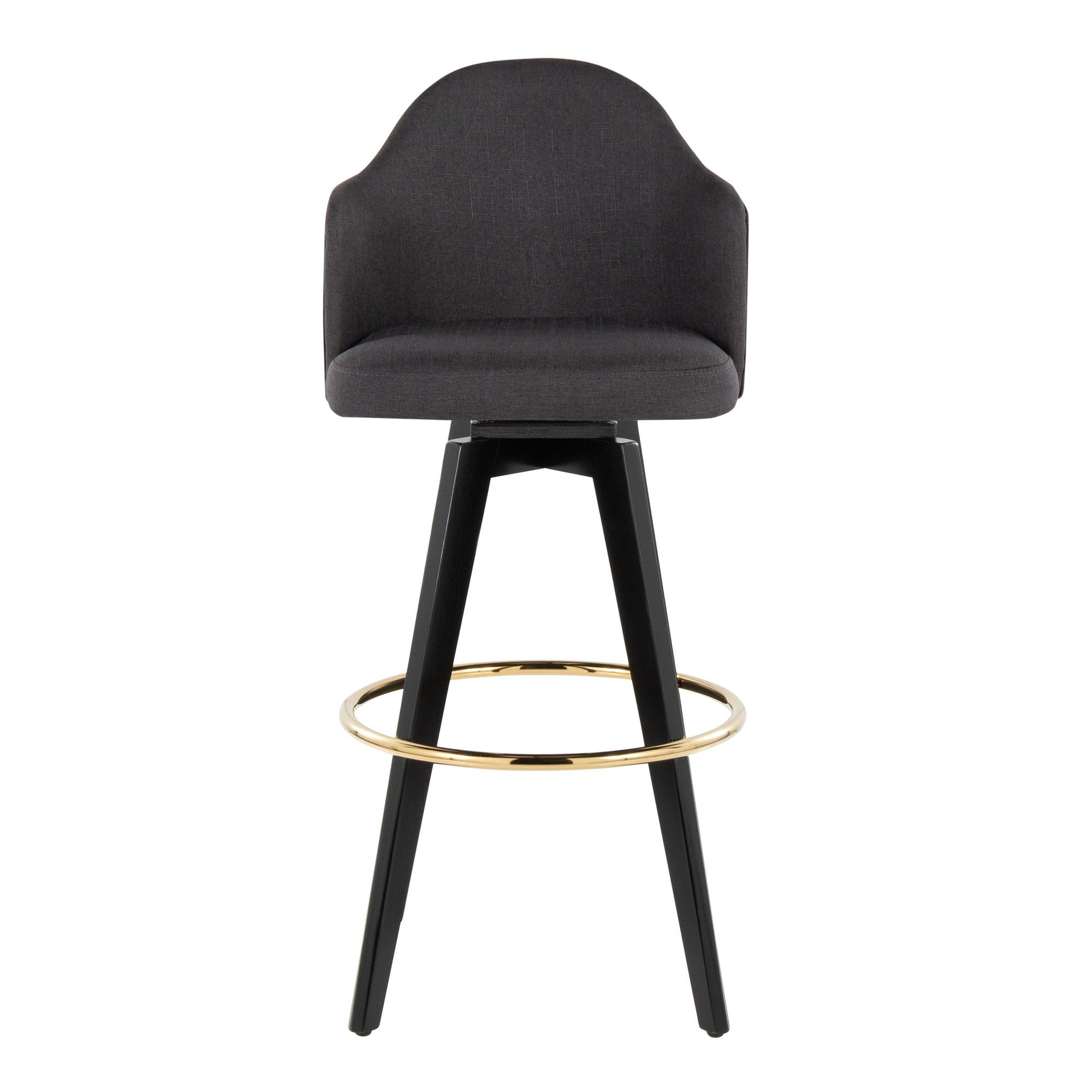 Ahoy Upholstered 30" Fixed-Height Barstool - Set of 2 - Black Wood, Charcoal Fabric, Gold Metal