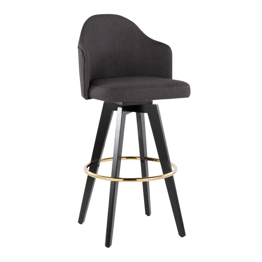 Ahoy Upholstered 30" Fixed-Height Barstool - Set of 2 - Black Wood, Charcoal Fabric, Gold Metal