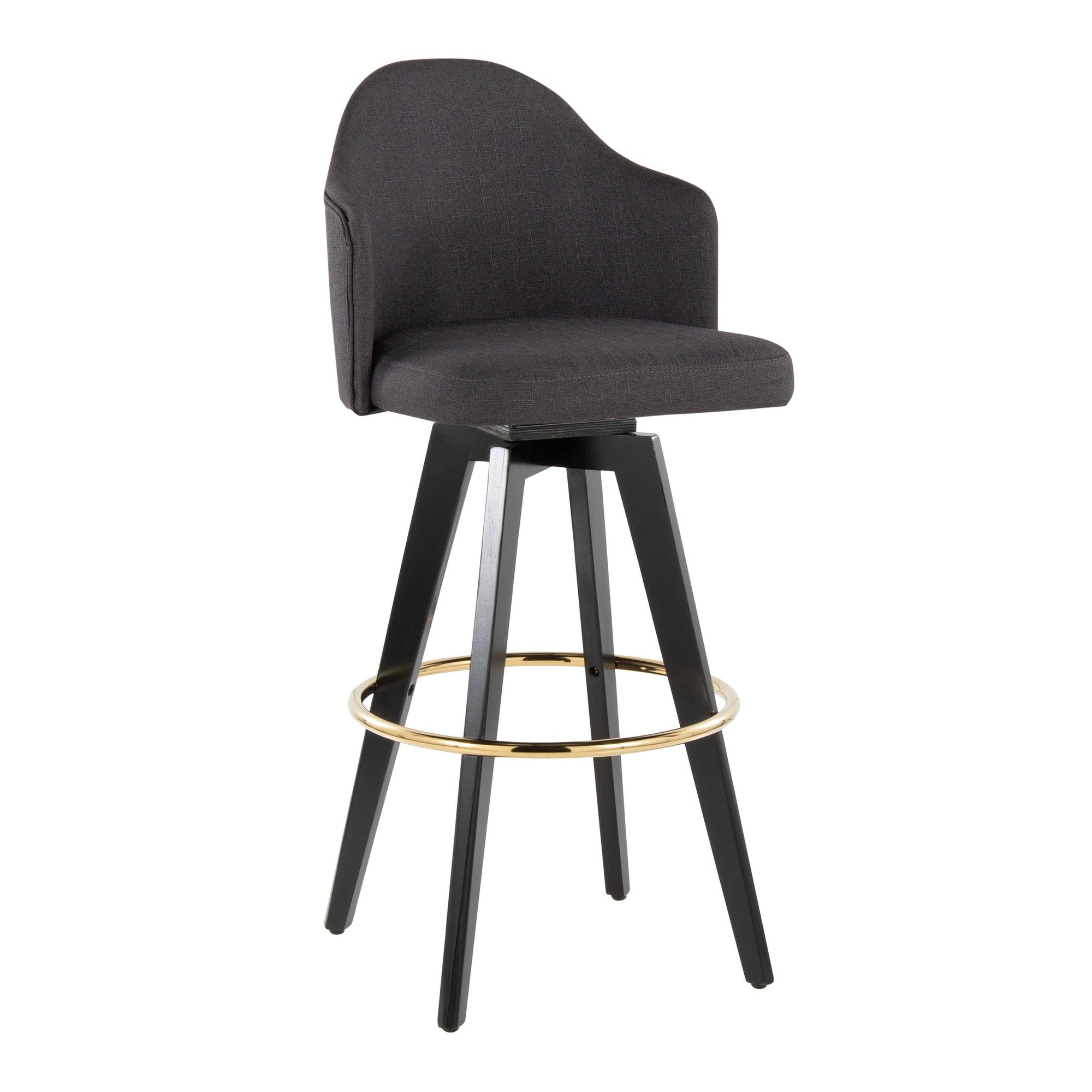 Ahoy Upholstered 30" Fixed-Height Barstool - Set of 2 - Black Wood, Charcoal Fabric, Gold Metal