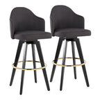 Ahoy Upholstered 30" Fixed-Height Barstool - Set of 2 - Black Wood, Charcoal Fabric, Gold Metal