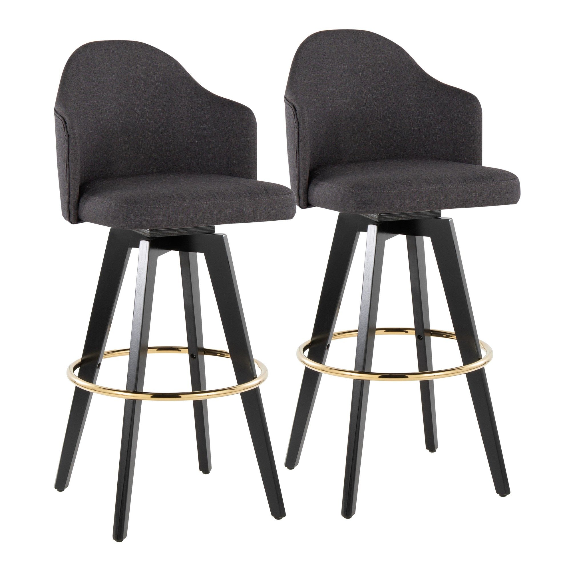 Ahoy Upholstered 30" Fixed-Height Barstool - Set of 2 - Black Wood, Charcoal Fabric, Gold Metal