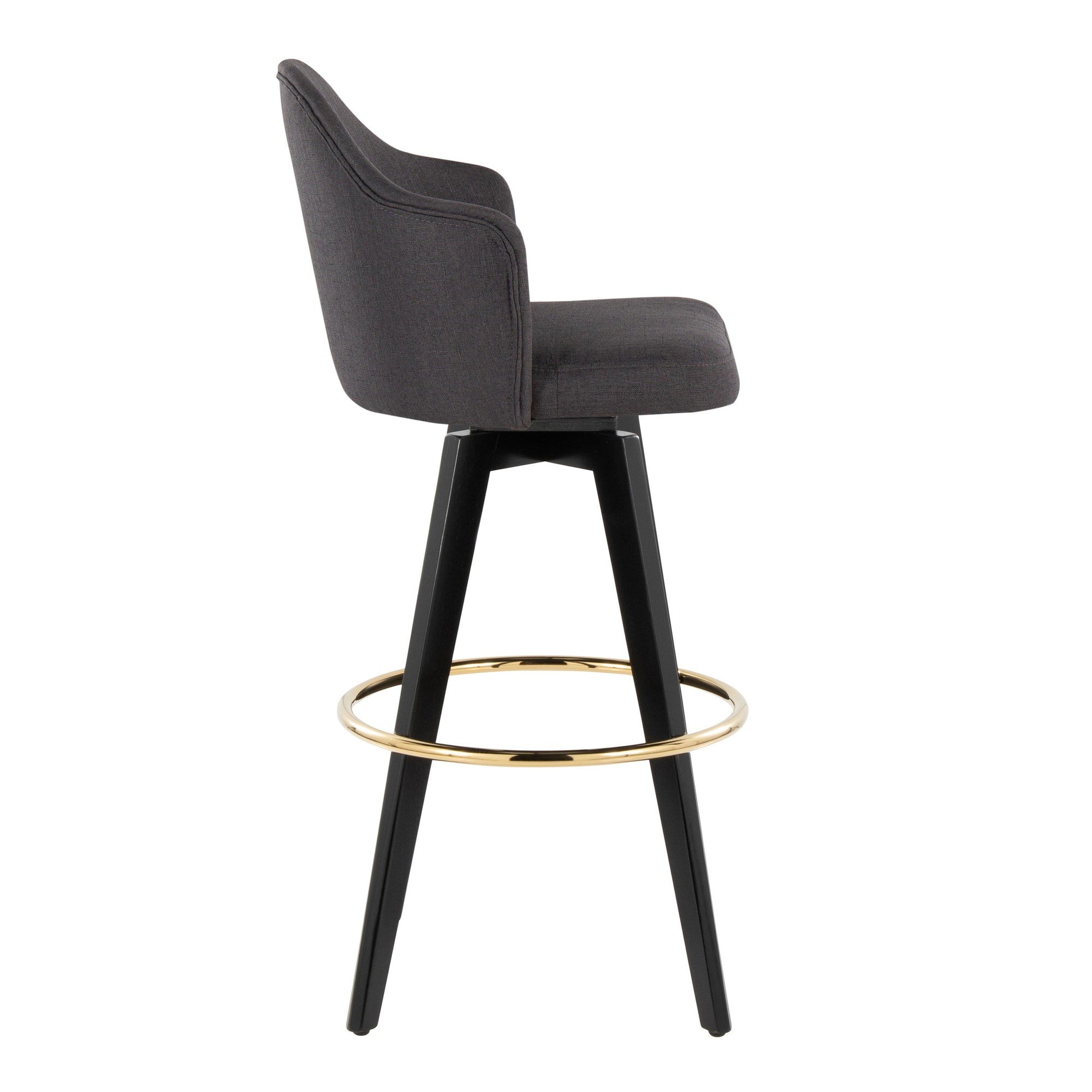 Ahoy Upholstered 30" Fixed-Height Barstool - Set of 2 - Black Wood, Charcoal Fabric, Gold Metal