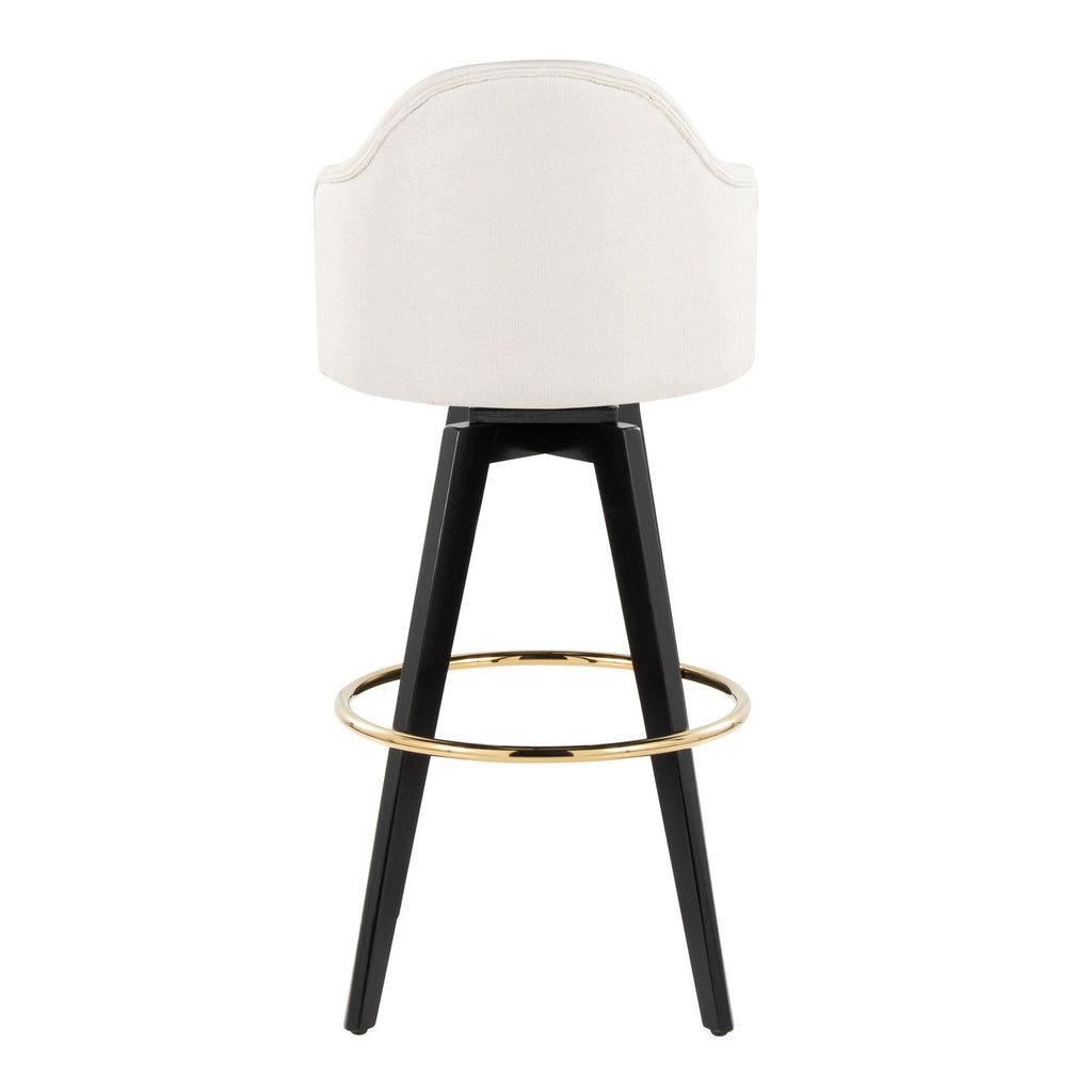 Ahoy Upholstered 30" Fixed-Height Barstool - Set of 2 - Black Wood, Cream Fabric, Gold Metal