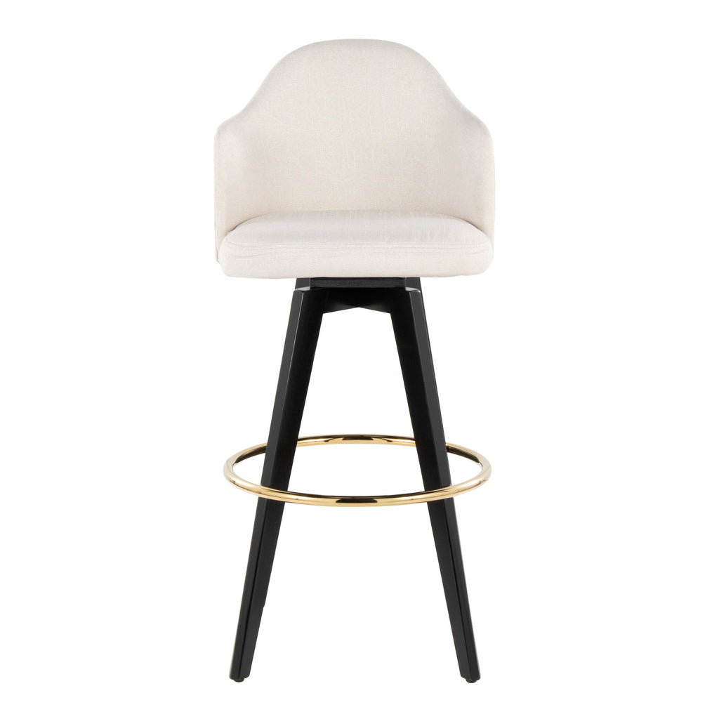Ahoy Upholstered 30" Fixed-Height Barstool - Set of 2 - Black Wood, Cream Fabric, Gold Metal