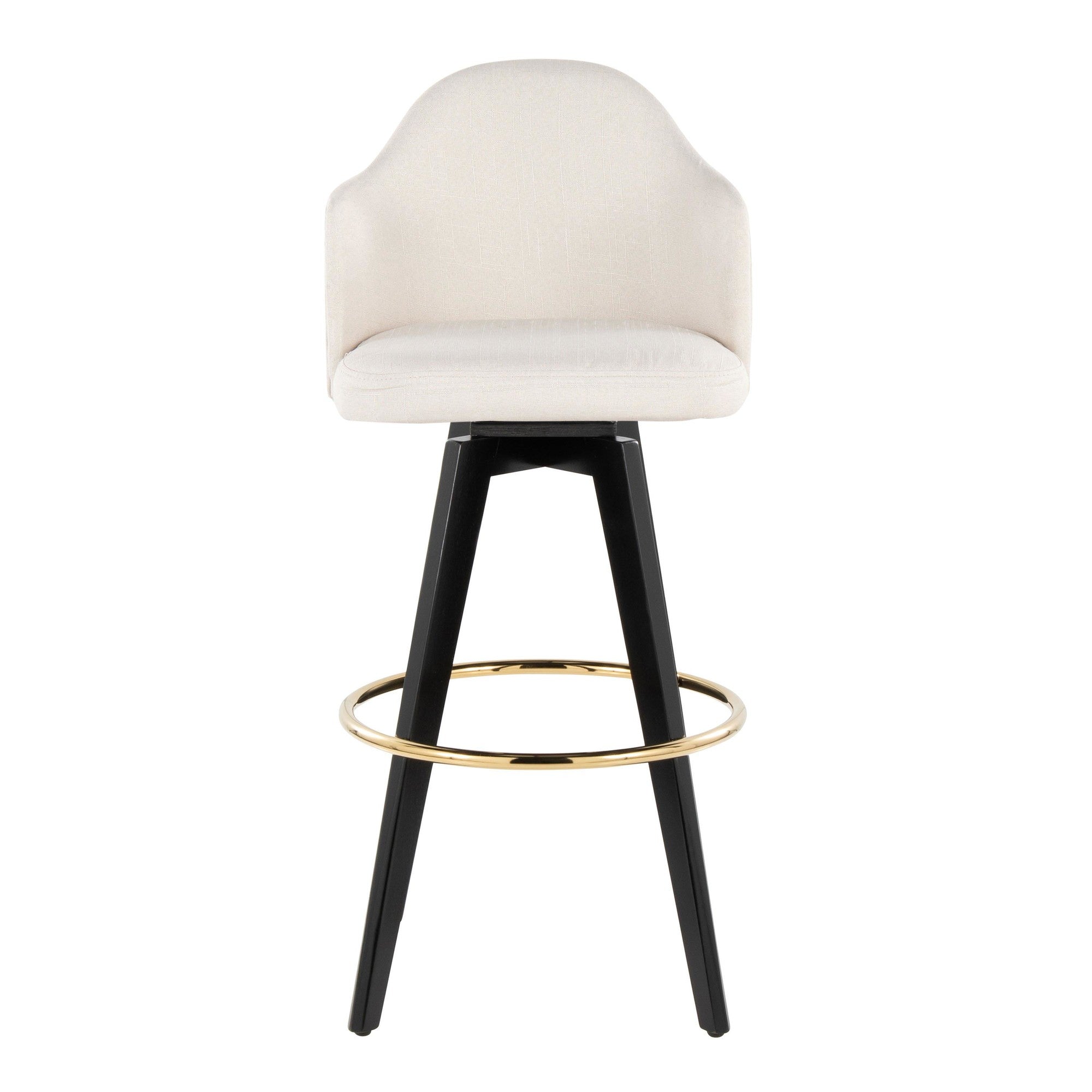 Ahoy Upholstered 30" Fixed-Height Barstool - Set of 2 - Black Wood, Cream Fabric, Gold Metal