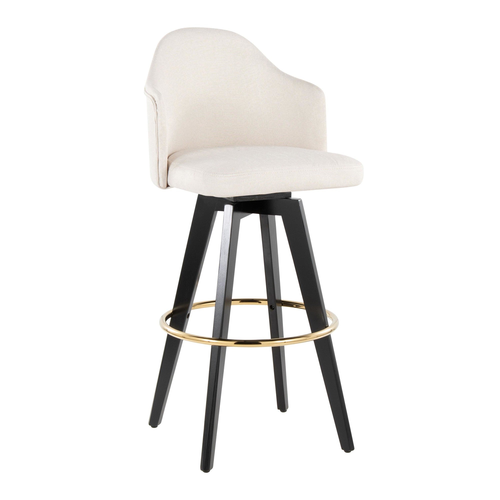 Ahoy Upholstered 30" Fixed-Height Barstool - Set of 2 - Black Wood, Cream Fabric, Gold Metal