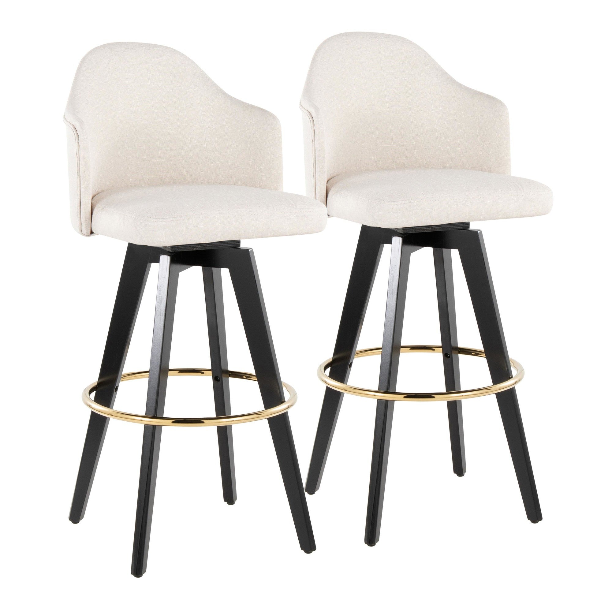 Ahoy Upholstered 30" Fixed-Height Barstool - Set of 2 - Black Wood, Cream Fabric, Gold Metal